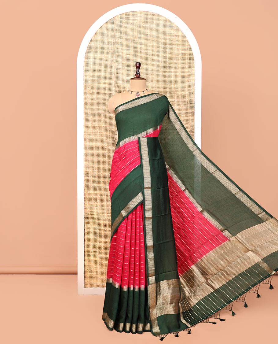 Red Assam Silk Saree, Ornamented with Checks, Complemented by a Contrast Traditional Border, Zari-Design Pallu, and a Contrast Blouse