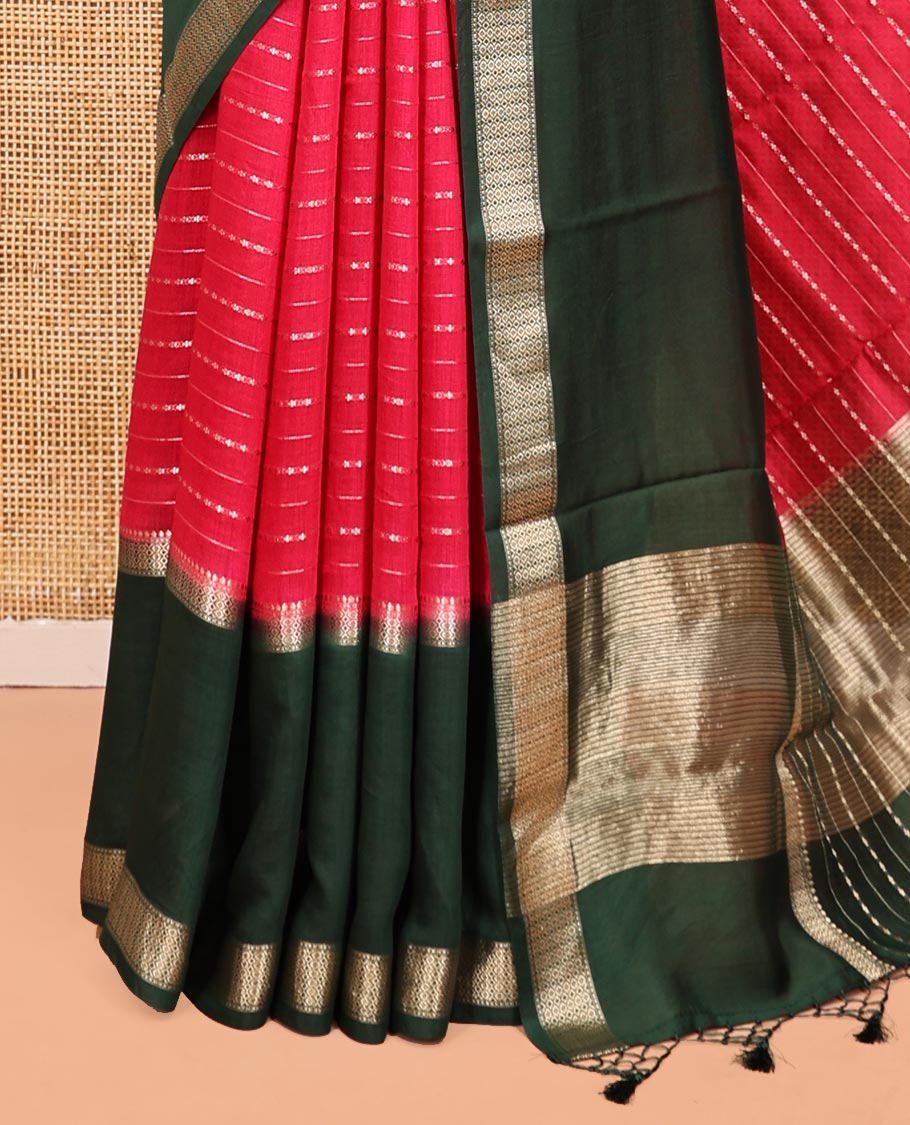 Red Assam Silk Saree, Ornamented with Checks, Complemented by a Contrast Traditional Border, Zari-Design Pallu, and a Contrast Blouse