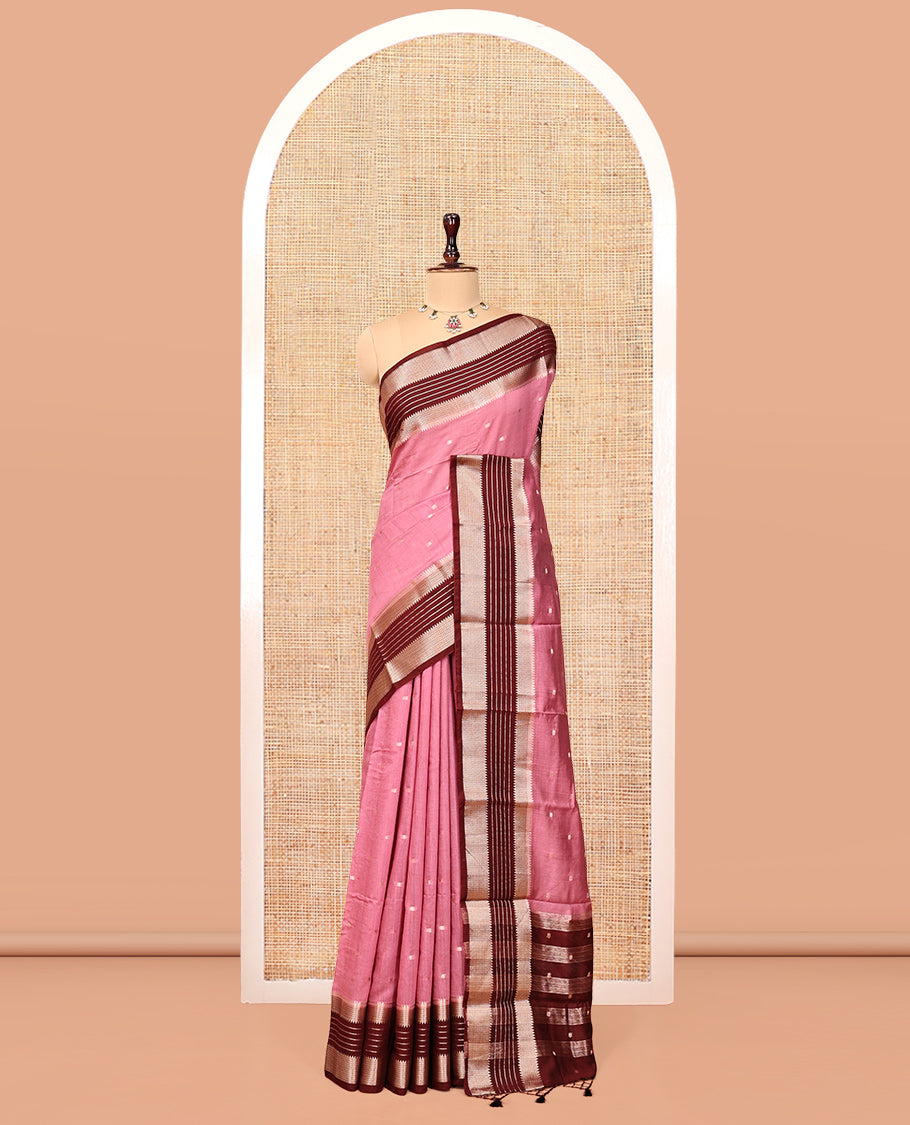 Pink Assam Silk Saree, Decked Up with Zari Buttas, Complemented by a Contrast Traditional Zari Border, Striped Pallu, and a Contrast Blouse