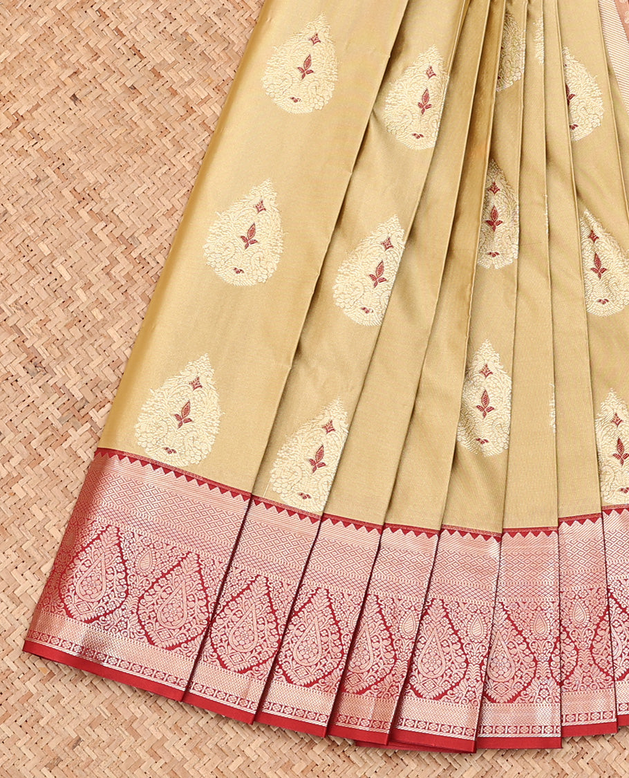 Fawn Brown Budget Silk Saree, Spotlighted with Meena Buttas All Over Its Body, Complemented by Contrast Traditional Zari Border, Geometric Patterned Pallu and Paired with a Contrast Blouse