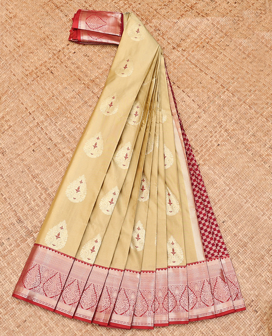 Fawn Brown Budget Silk Saree, Spotlighted with Meena Buttas All Over Its Body, Complemented by Contrast Traditional Zari Border, Geometric Patterned Pallu and Paired with a Contrast Blouse