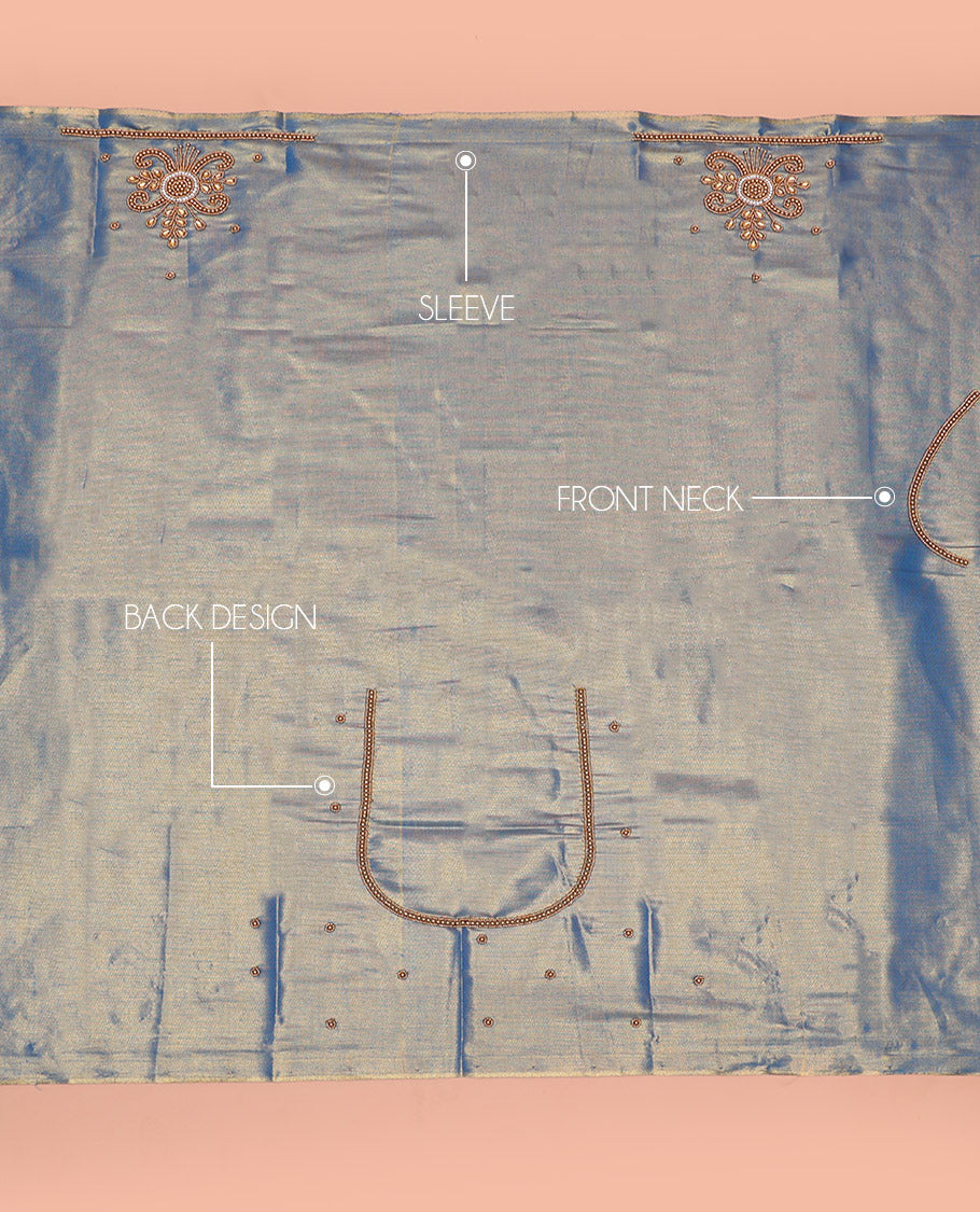 Shimmer Blue Aari Material Blouse Subtly Sparkled with Unique Designs in Sugar Bead Embroidery