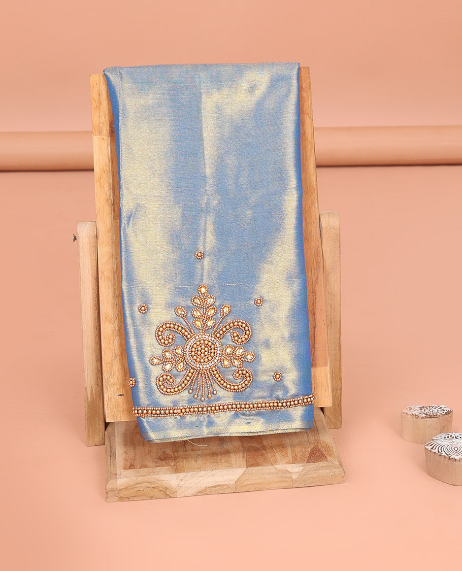 Shimmer Blue Aari Material Blouse Subtly Sparkled with Unique Designs in Sugar Bead Embroidery