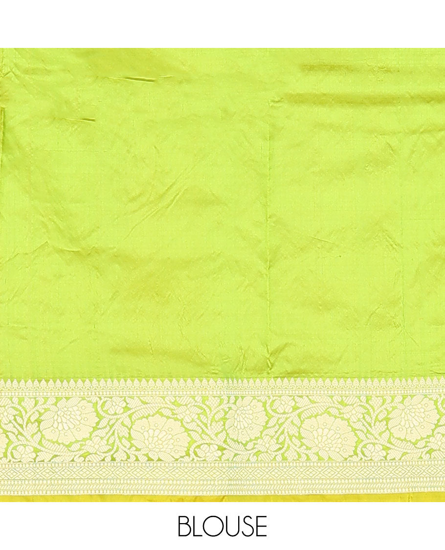 Parrot green buttas banarasi kathan silk saree, floral creeper border, and pallu of paisley jaal design