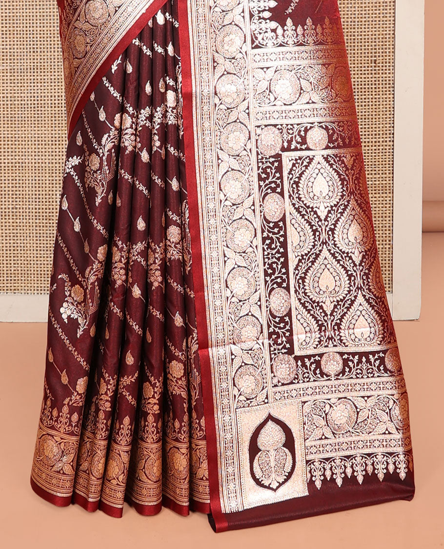 Maroon Banarasi Nylon Saree, Enriched with Buttas, Floral Creeper Zari Border, Intricate Pallu, and a Matching Blouse