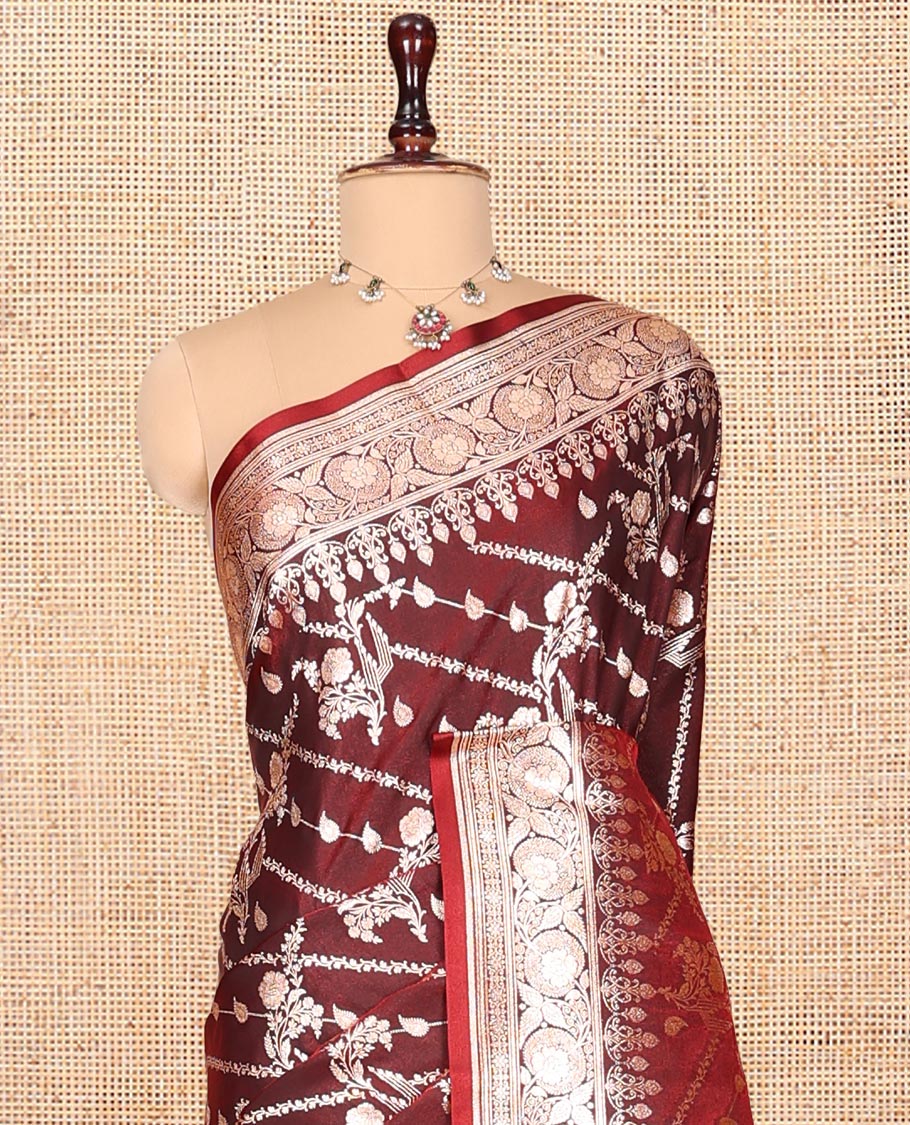 Maroon Banarasi Nylon Saree, Enriched with Buttas, Floral Creeper Zari Border, Intricate Pallu, and a Matching Blouse