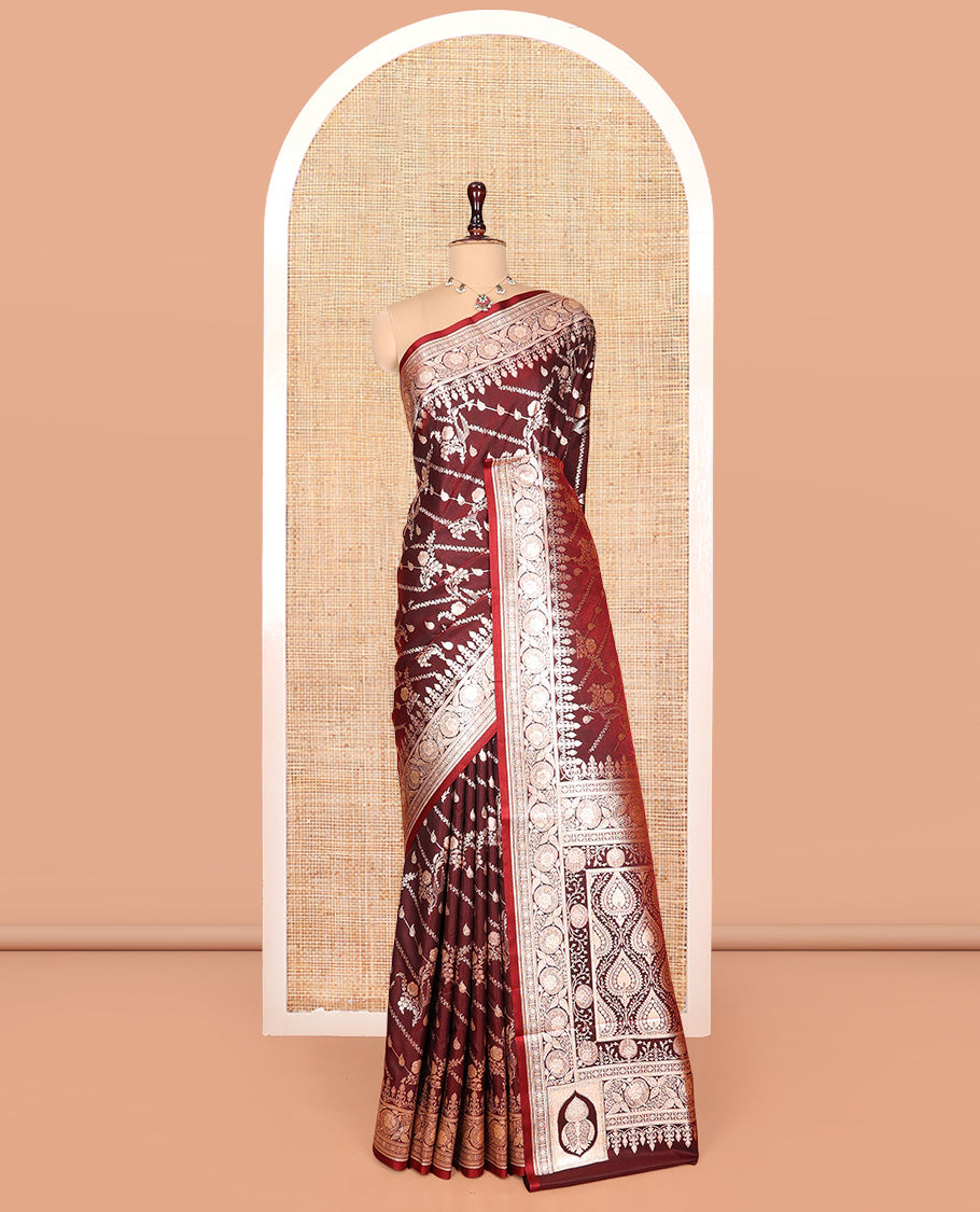 Maroon Banarasi Nylon Saree, Enriched with Buttas, Floral Creeper Zari Border, Intricate Pallu, and a Matching Blouse