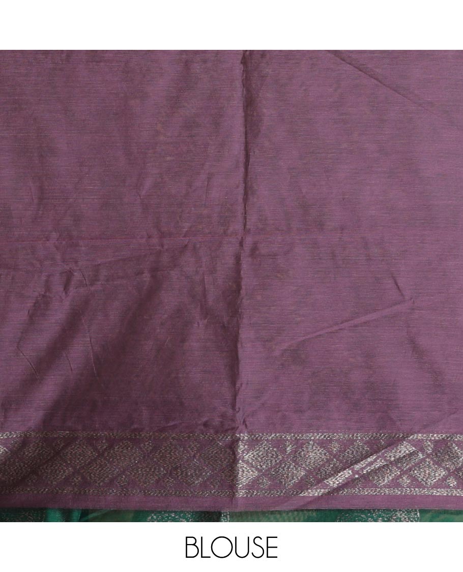 Borderless green zari buttas semi-silk cotton saree, contrast zari woven pallu