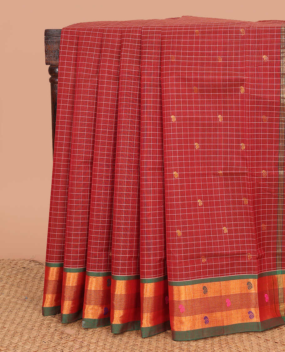Red paisley buttas Venkatagiri cotton saree, contrast zari and thread work border, and zari striped pallu