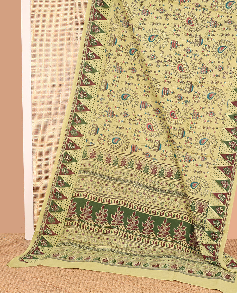 Pale Yellow Sungudi Cotton Saree Enlivened with Warli-Village Theme Motifs Prints, Subtly Printed Temple Motif Border, and Pallu Steeped with Floral and Geometric Designs