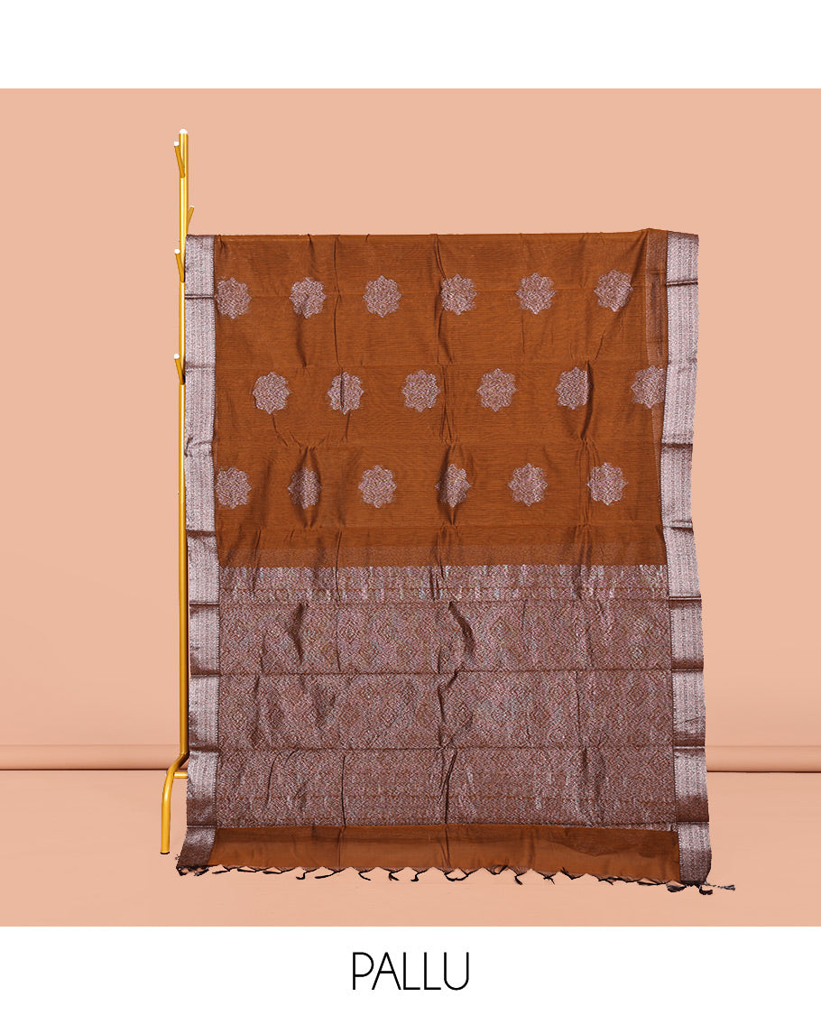 Brown Semi-Silk Cotton Saree, Woven with Zari Buttas All Over Its Body, Highlighted by a Zari Border, Grand Intricate Pallu, and Paired with a Matching Blouse