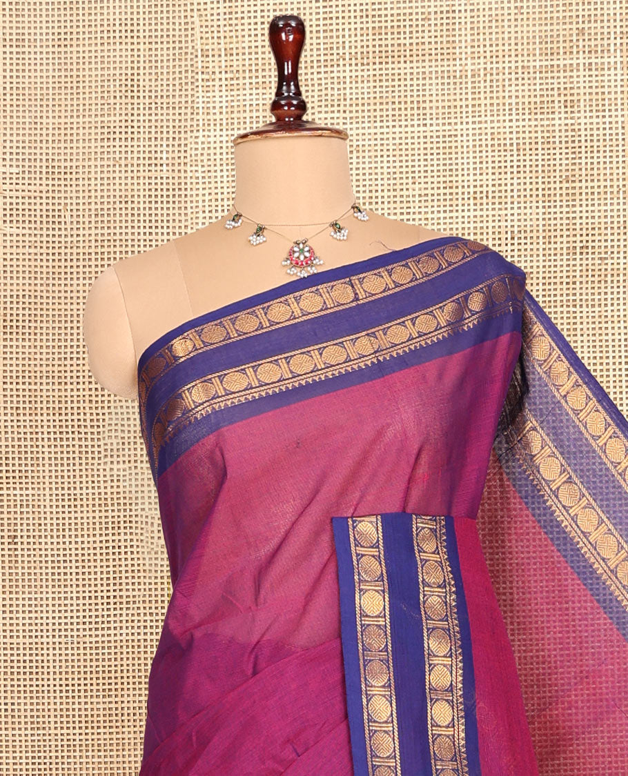 Purple Plain Chettinad Cotton Saree, Complemented by a Contrast Rettai Pettu Rudraksham Border, Striped Pallu, and a Matching Blouse