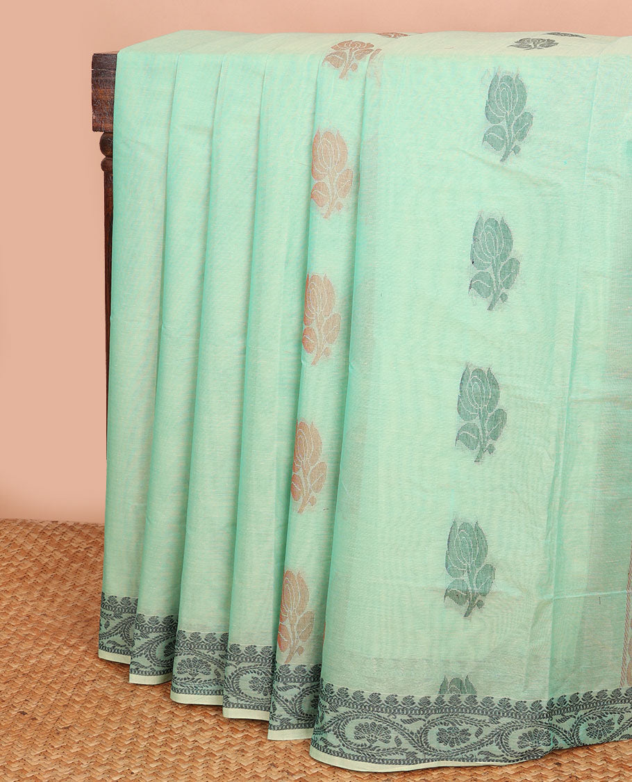 Green floral buttas Combatiore cotton saree, floral creeper design border & floral-design pallu