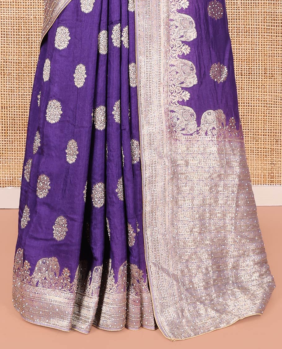 Violet Dola Silk Saree, Delicately Woven with Buttas on Its Body, Complemented by Contrast Border of Traditional and Embroidery Work, Intricately Designed Pallu, and Paired with a Contrast Blouse