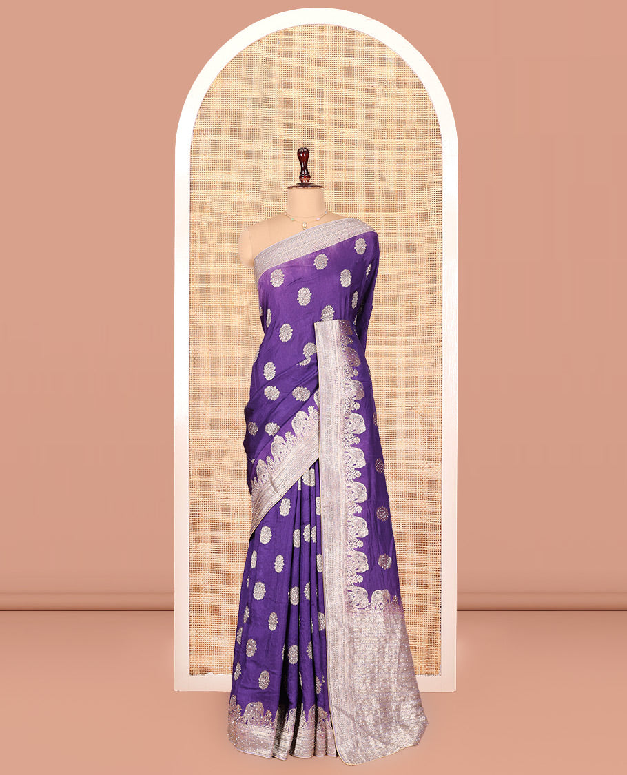 Violet Dola Silk Saree, Delicately Woven with Buttas on Its Body, Complemented by Contrast Border of Traditional and Embroidery Work, Intricately Designed Pallu, and Paired with a Contrast Blouse