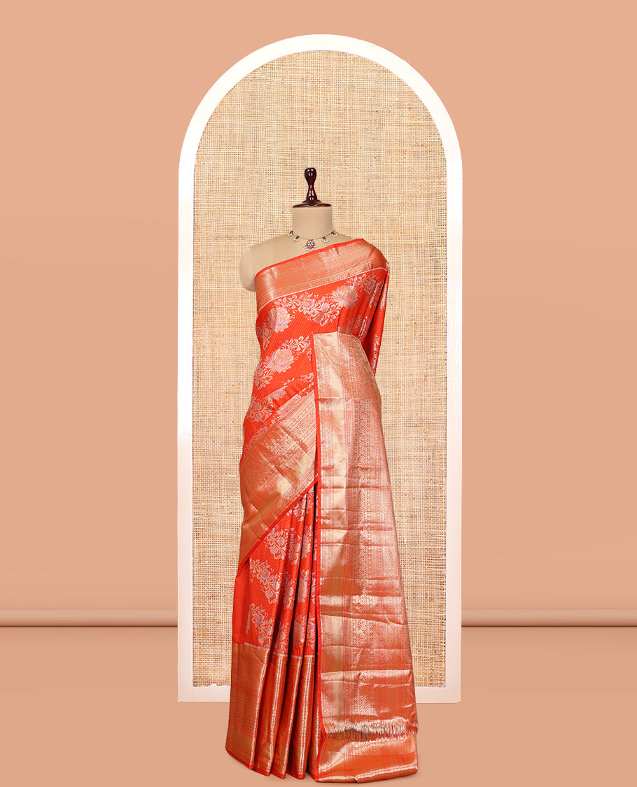 Orange Floral Jacquard Budget Silk Saree, a Traditional Zari Border, Jaal Pallu, and Matching Blouse