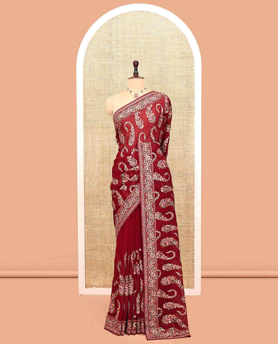 Wine Georgette Designer Saree Features Color-Thread Paisley Embroidery, a Matching Blouse