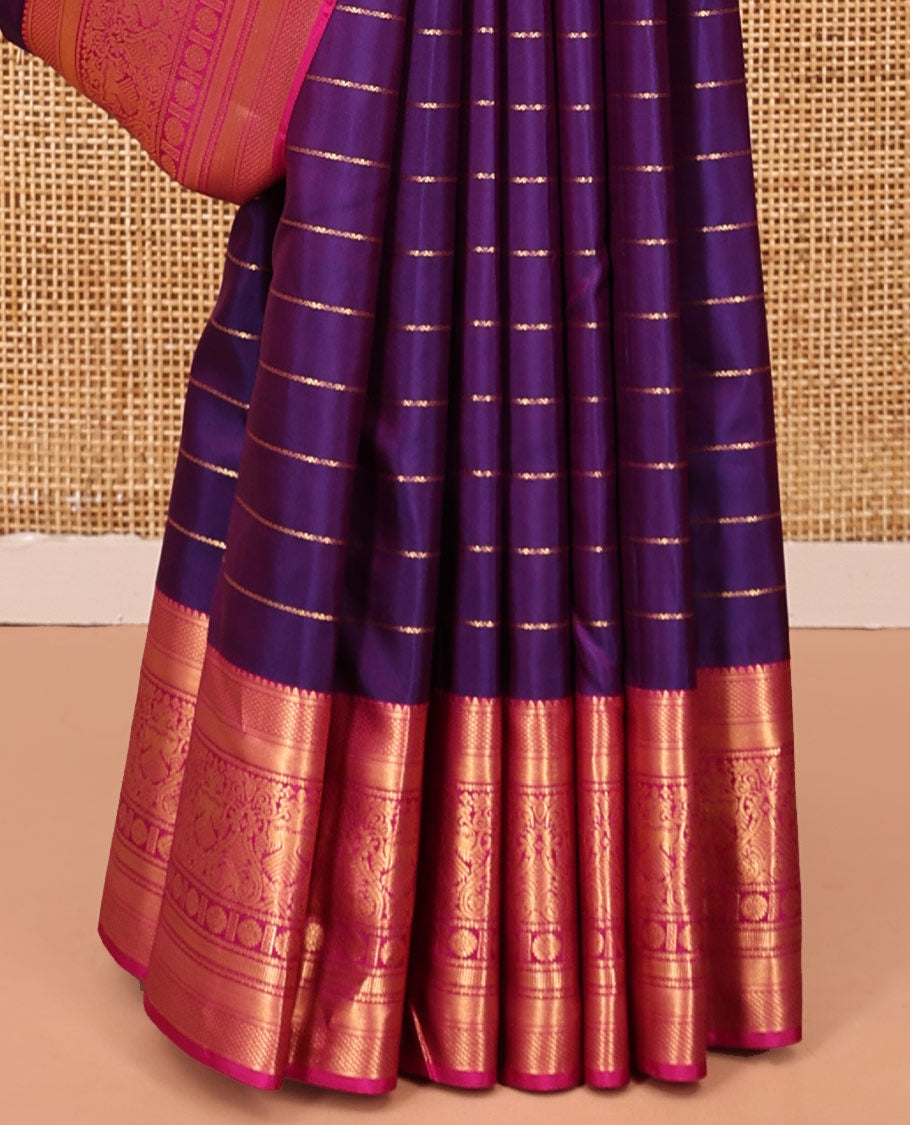 Purple Vasundhara Silk Saree, Enriched with Neli Stripes On Its Body, Complemented by Captivating Contrast Border of Mayil Kann, Vanki, Iru Thalaipakshi, Chakram, and Neli Designs, Grand Pallu, and Paired with a Contrast Blouse