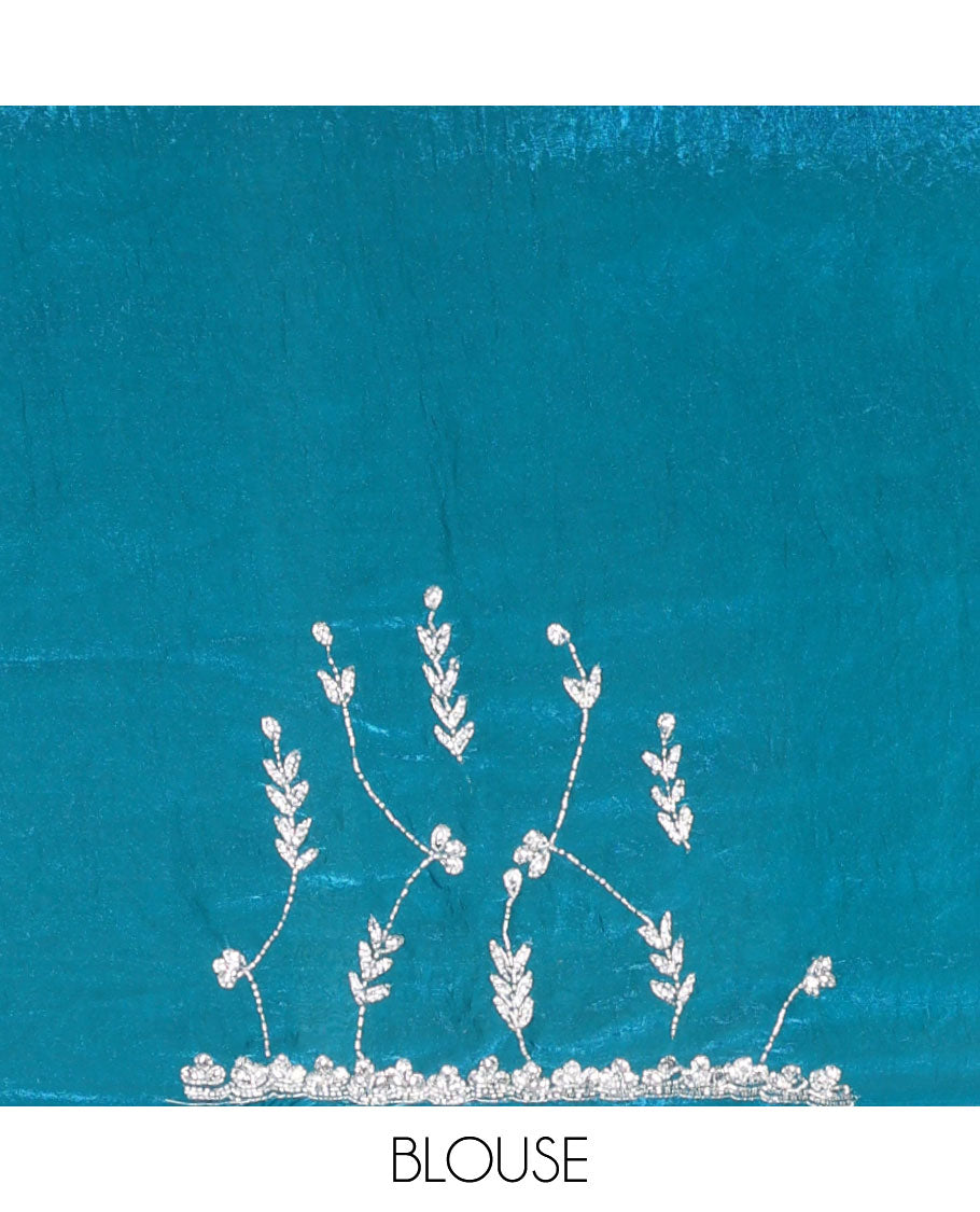 Blue leaf stripes, stone & kardana embroidered designer saree, stone embroidered border & blouse