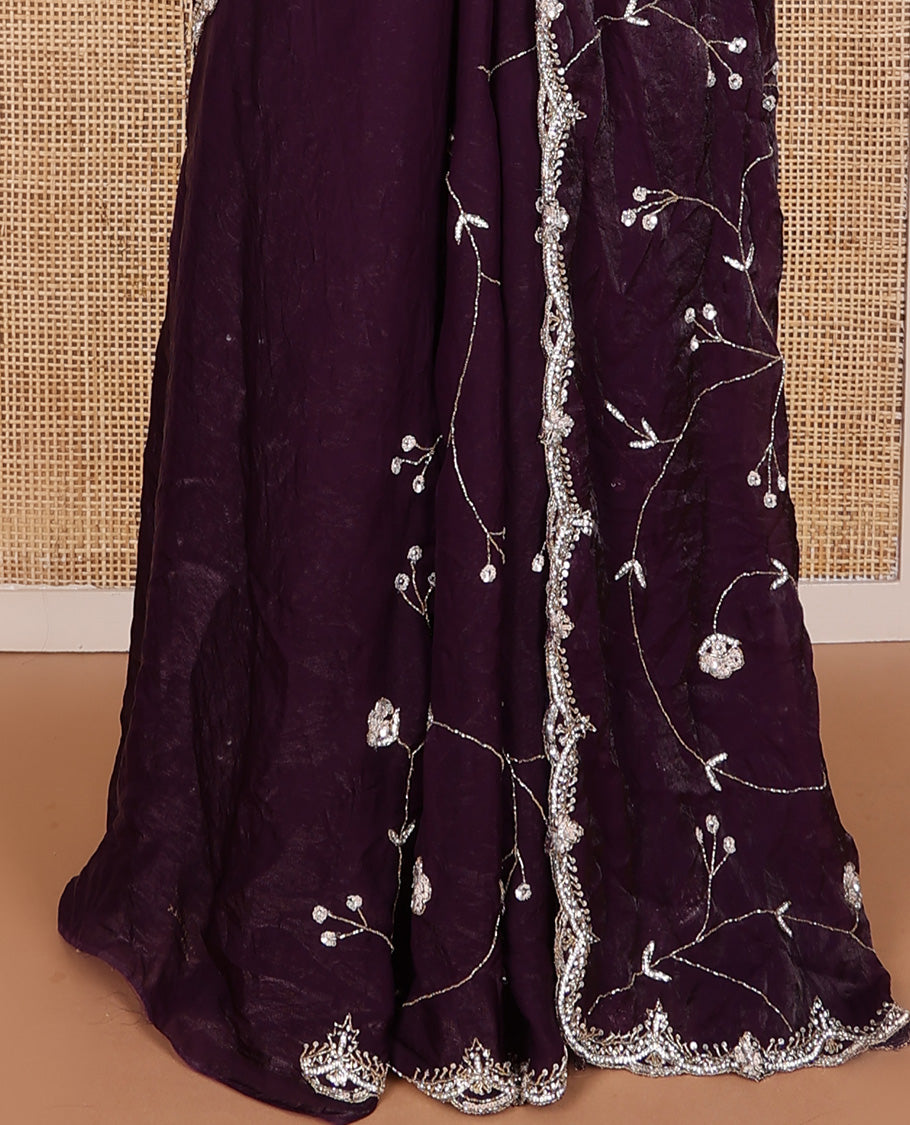 Purple floral vine intricately stone embroidered designer saree, scallop heavy stone work border