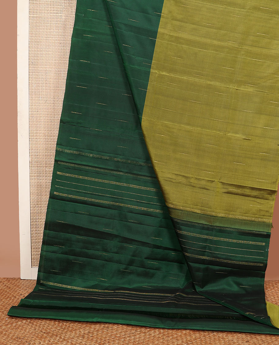 Borderless green malli mokku buttas half-&-half Kanchipuram silk saree, self-pallu of malli mokku & stripes