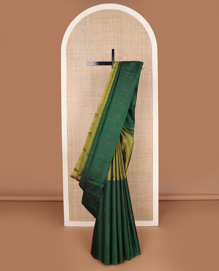 Borderless green malli mokku buttas half-&-half Kanchipuram silk saree, self-pallu of malli mokku & stripes