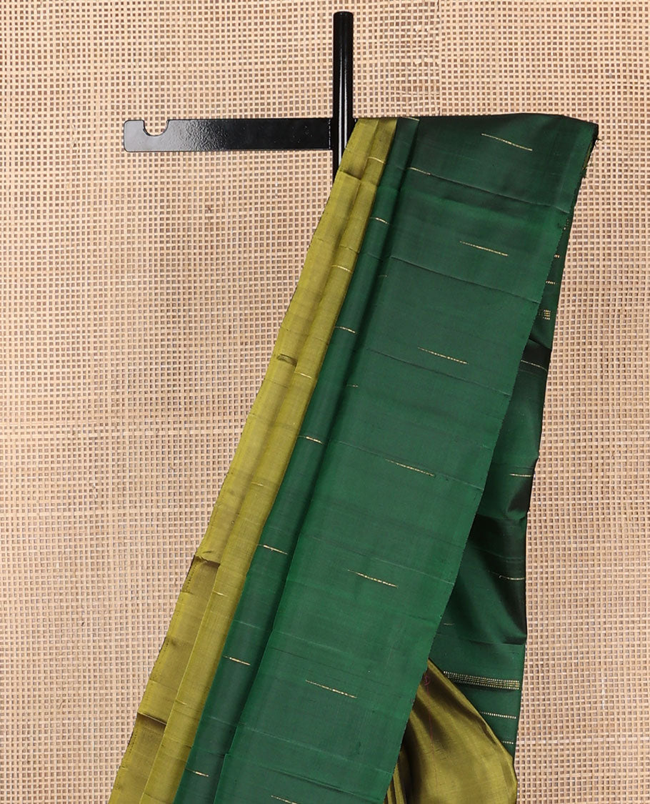 Borderless green malli mokku buttas half-&-half Kanchipuram silk saree, self-pallu of malli mokku & stripes