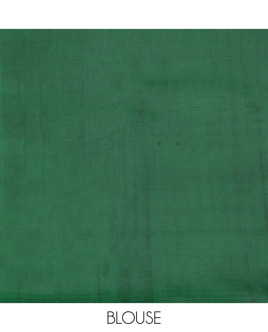 Borderless green malli mokku buttas half-&-half Kanchipuram silk saree, self-pallu of malli mokku & stripes
