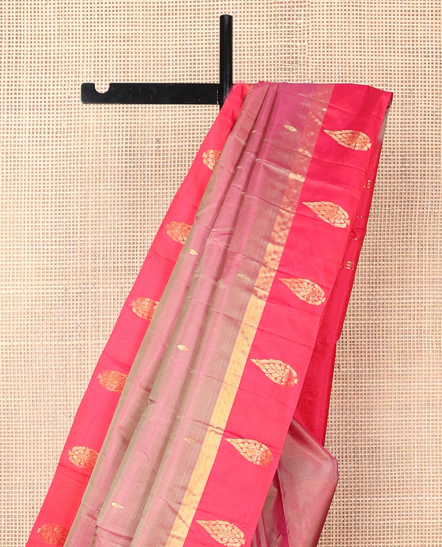 Pink zari buttas silk saree, contrast border of spade designs & zari design pallu