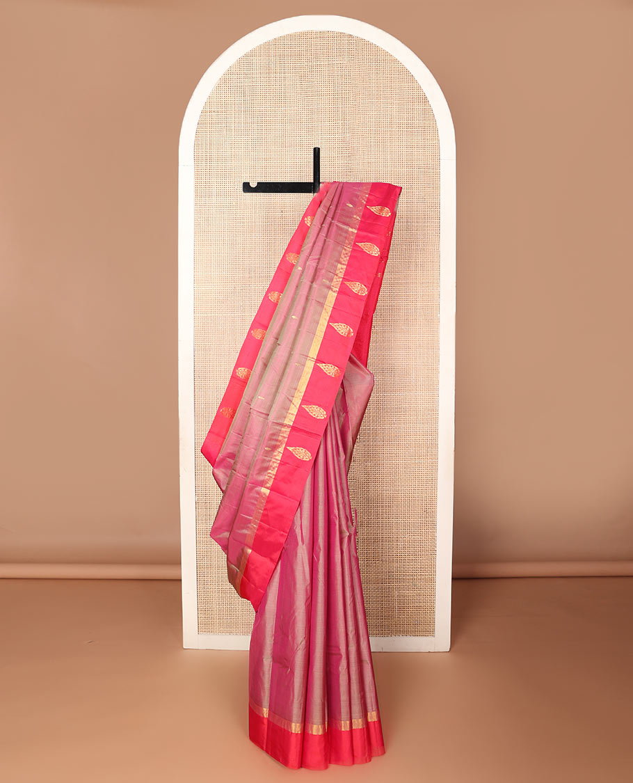 Pink zari buttas silk saree, contrast border of spade designs & zari design pallu