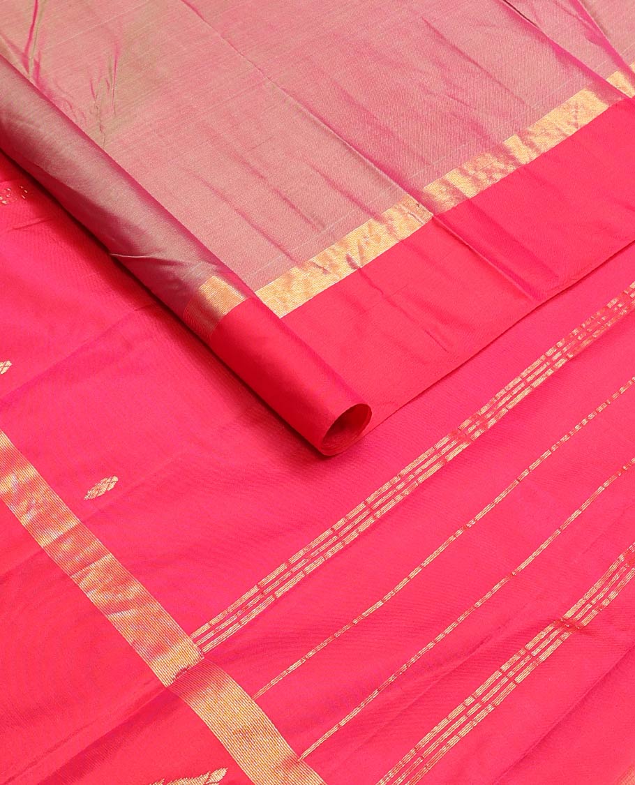 Pink zari buttas silk saree, contrast border of spade designs & zari design pallu