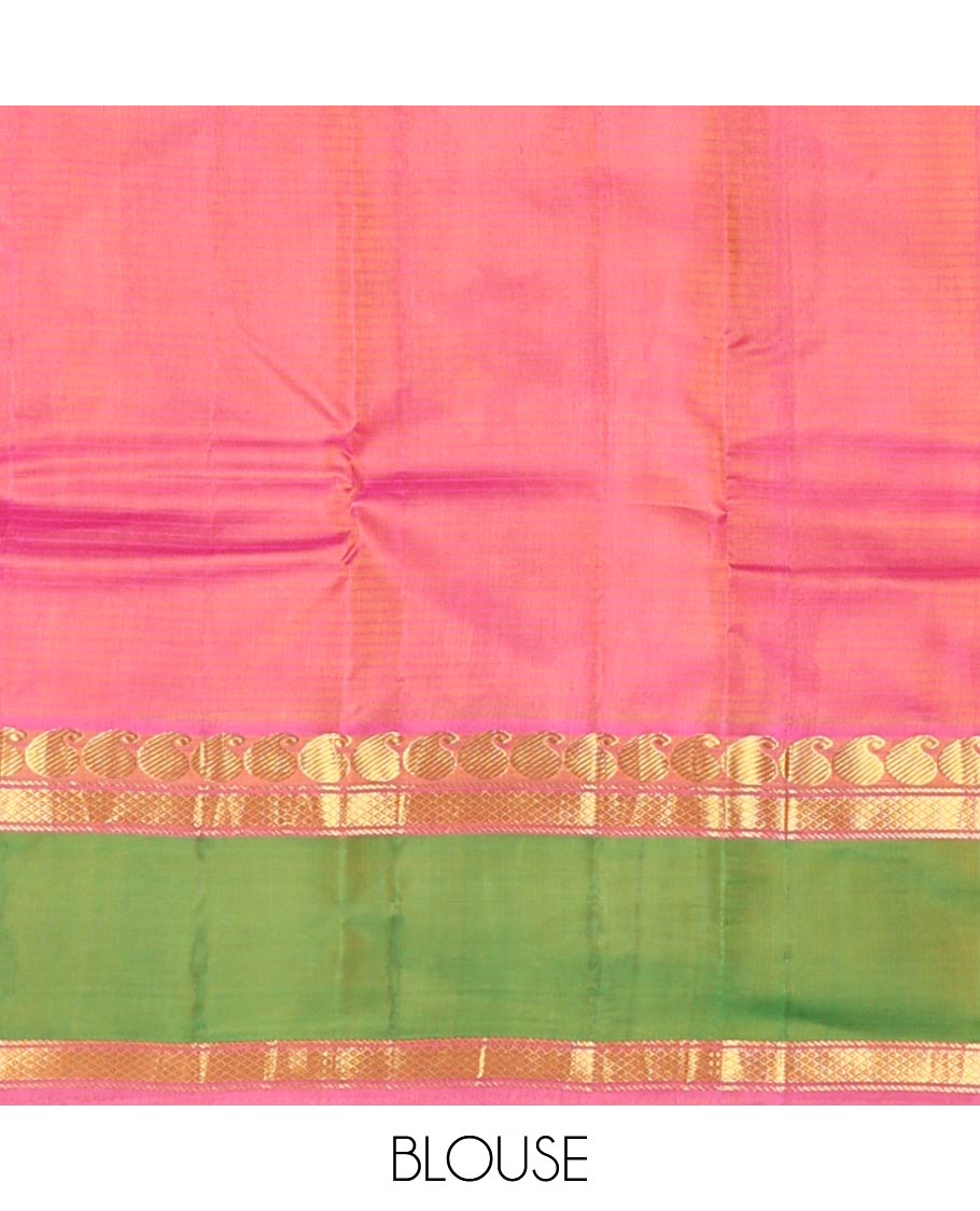 Yellow striped Kanchipuram silk saree, contrast ganga jamuna rettai pettu border of manga, banaras, and mayil kann designs, and zari striped pallu