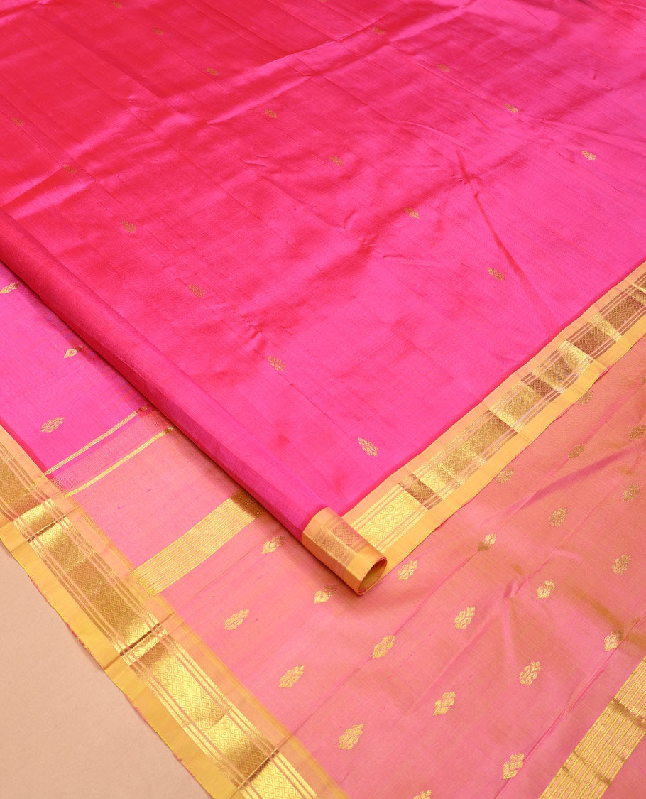 Pink Kanchipuram Silk Saree, Beautified with Zari Buttas All Over Its Body, Complemented by a Contrast One-Sided Border of Banaras, and Jaal Designs, Pallu of Zari Designs, and Comes Without a Blouse