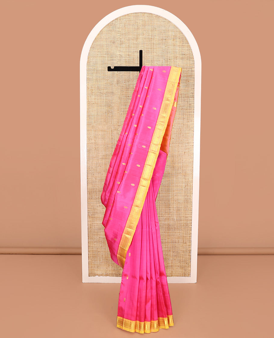 Pink Kanchipuram Silk Saree, Beautified with Zari Buttas All Over Its Body, Complemented by a Contrast One-Sided Border of Banaras, and Jaal Designs, Pallu of Zari Designs, and Comes Without a Blouse
