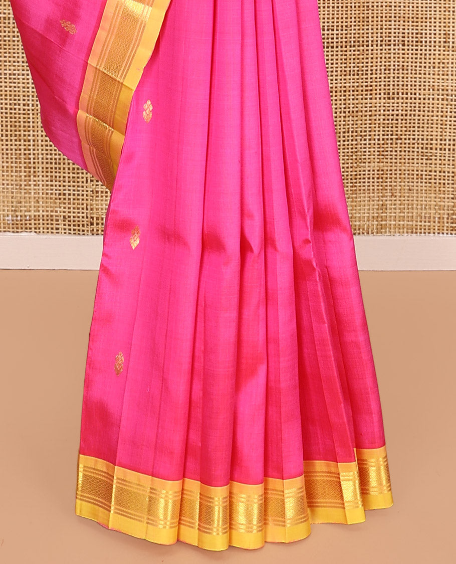 Pink Kanchipuram Silk Saree, Beautified with Zari Buttas All Over Its Body, Complemented by a Contrast One-Sided Border of Banaras, and Jaal Designs, Pallu of Zari Designs, and Comes Without a Blouse