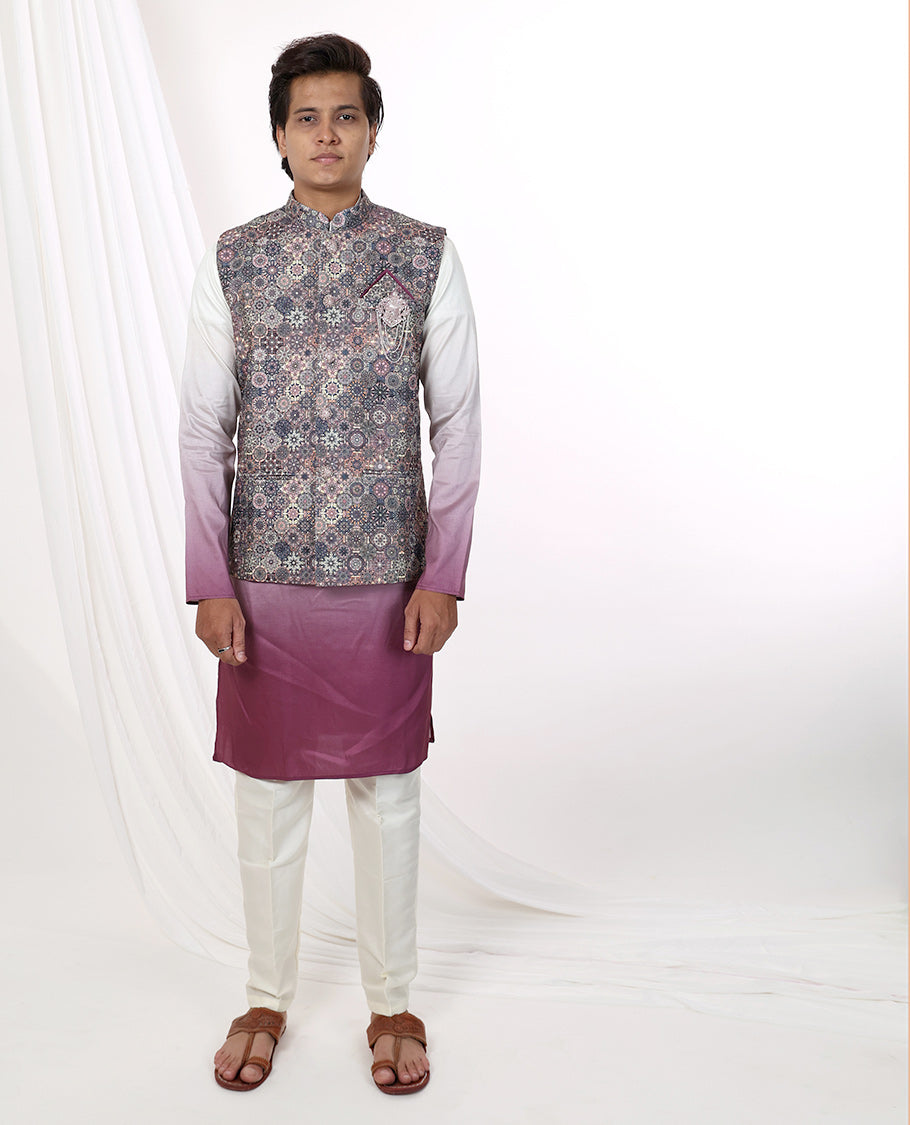 multi-color ajrakh style design mandarin collar & full-sleeve long raw silk over coat