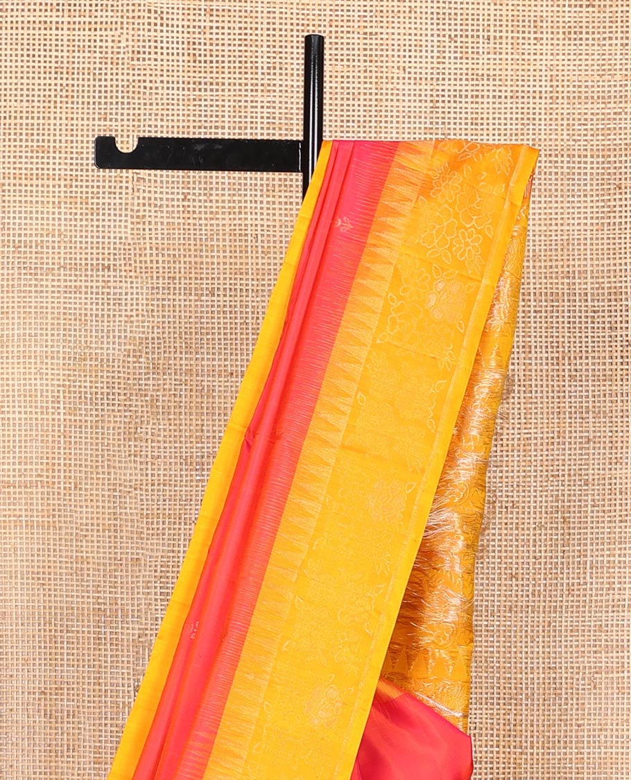 Red zari buttas soft silk saree, contrast temple border of floral designs, and floral design pallu