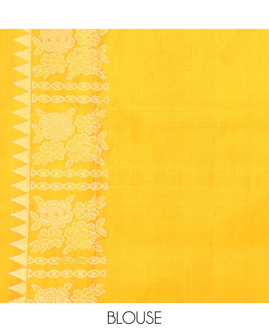 Red zari buttas soft silk saree, contrast temple border of floral designs, and floral design pallu