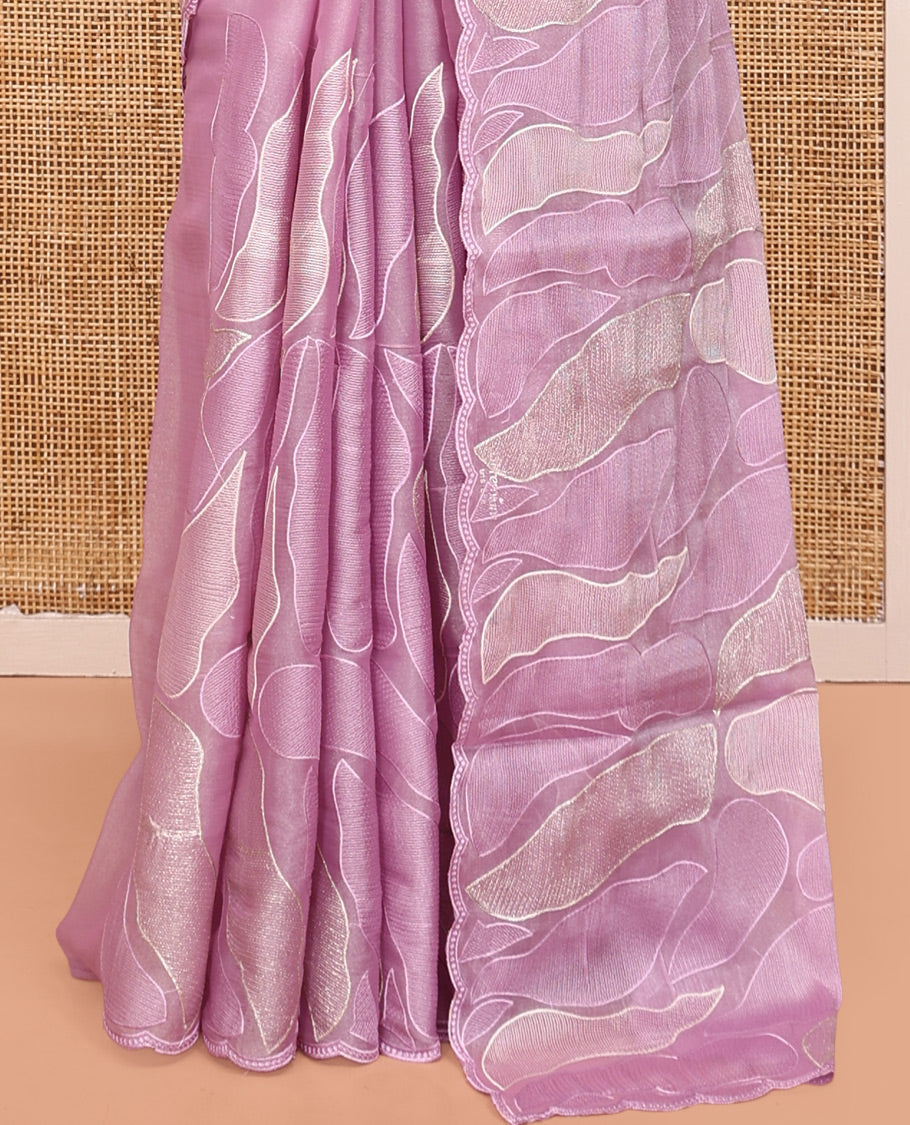 Pink Organza Saree, Delicately Woven with Abstract-Style Embroidery, a Scallop Border, and a Matching Blouse