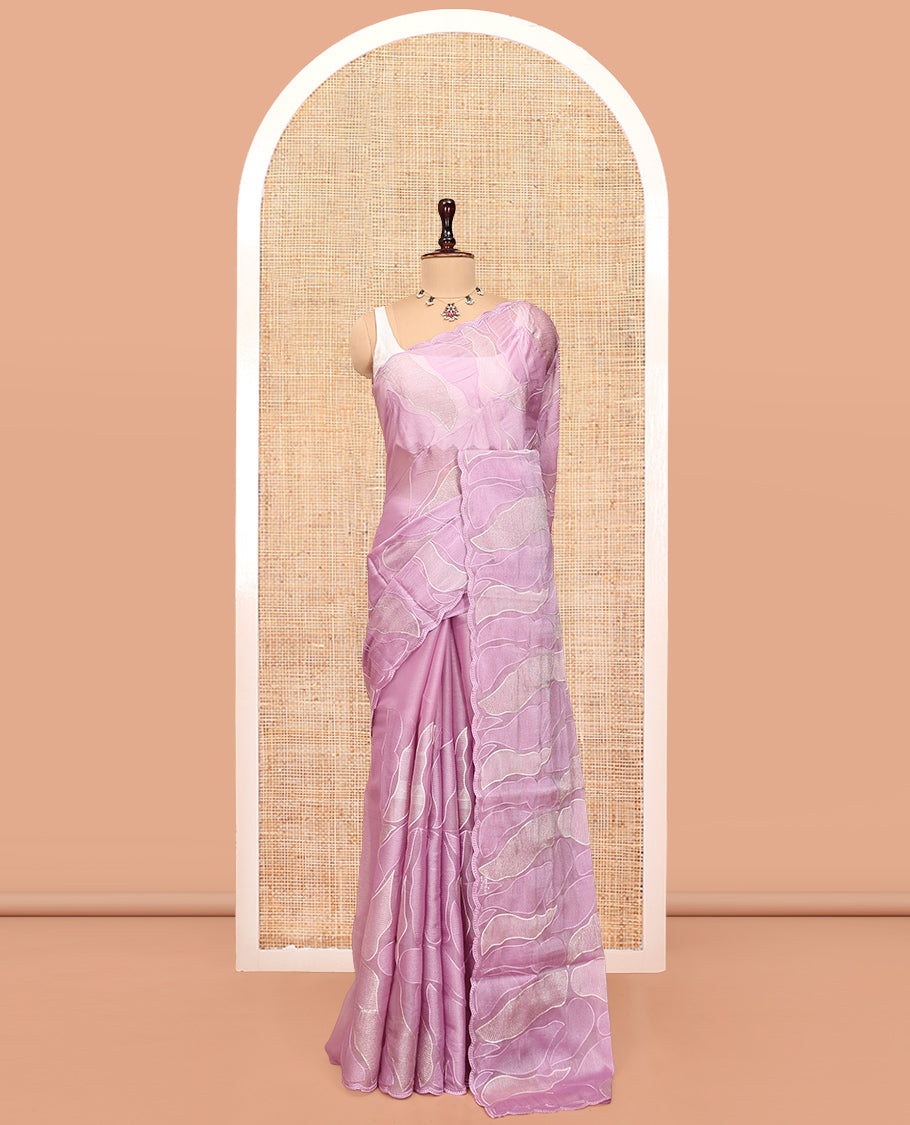 Pink Organza Saree, Delicately Woven with Abstract-Style Embroidery, a Scallop Border, and a Matching Blouse
