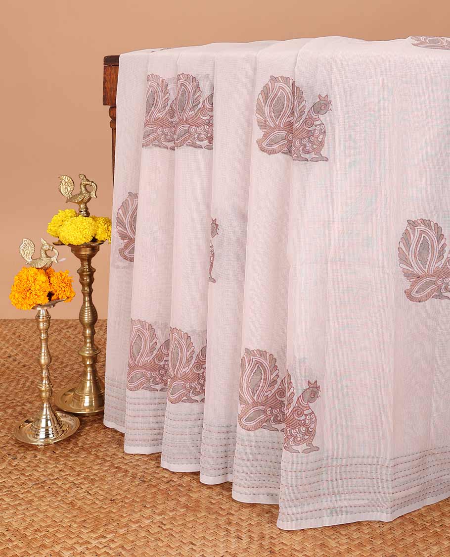 Light grey block print super net saree with kantha border & kantha work, block print pallu along with kantha work blouse