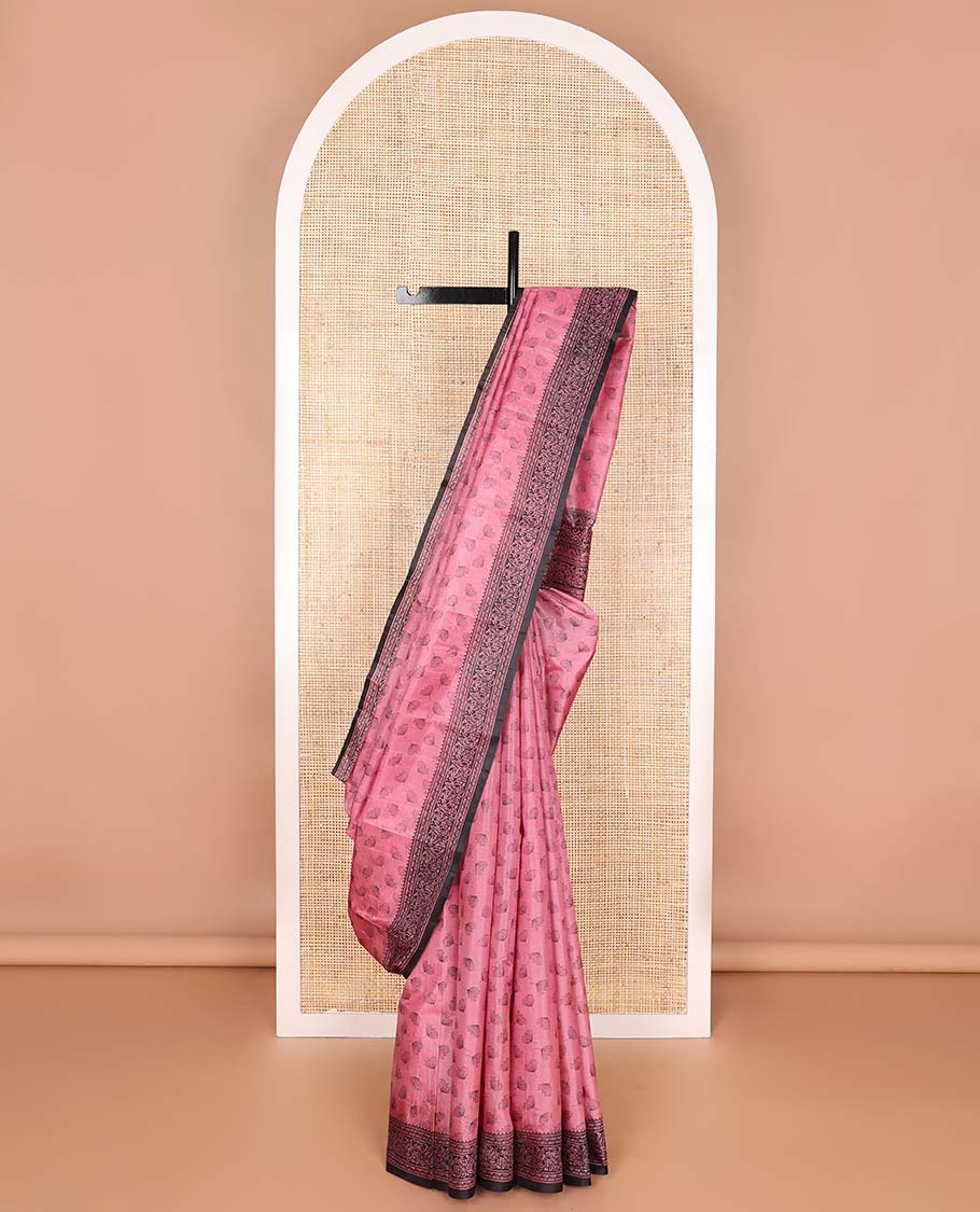 Pink floral design printed silk saree with contrast intricate design border & floral design pallu