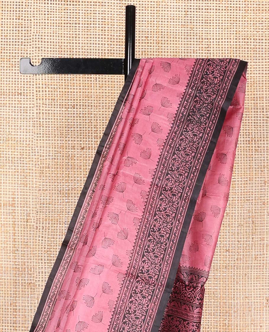 Pink floral design printed silk saree with contrast intricate design border & floral design pallu
