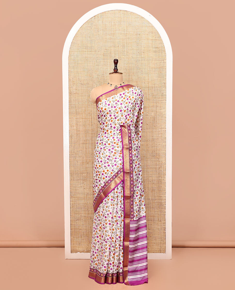 Cream Printed Silk Saree, Majestically Detailed with a Paisley, Fauna, and Human Print, Contrast Traditional Zari Border, Striped Pallu, and Contrast Blouse