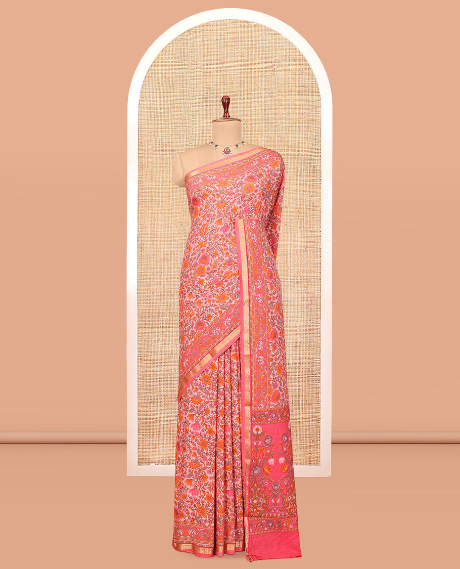 Pink Printed Silk Saree, Bedecked with Floral Vine Print, a Traditional Zari Border, Self-Pallu, and a Matching Blouse