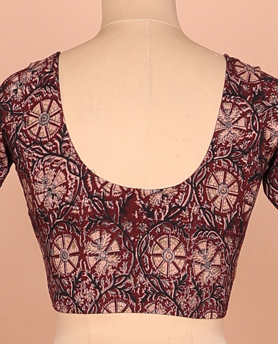 Maroon floral vine printed front and back round neck elbow sleeve cotton readymade blouse