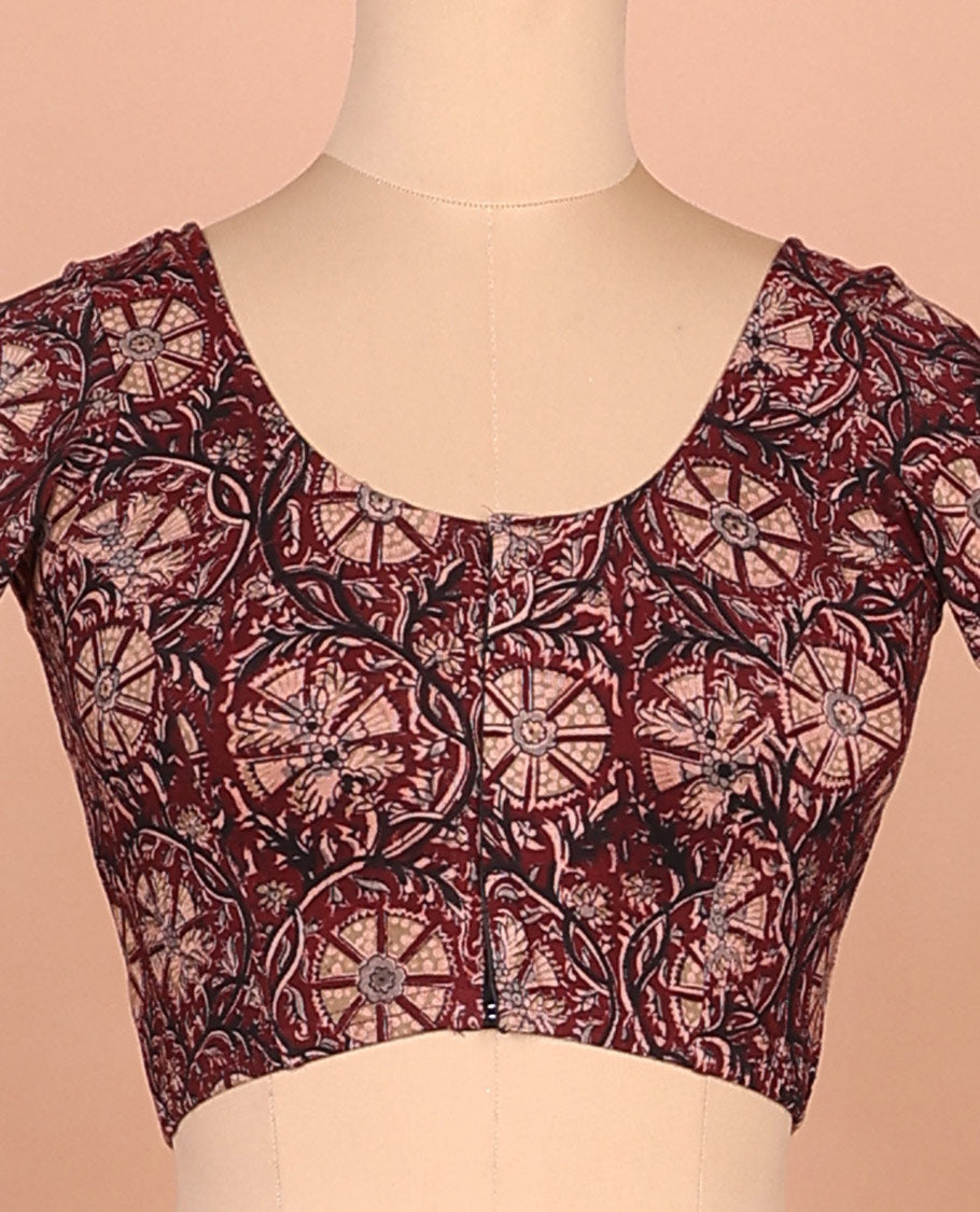 Maroon floral vine printed front and back round neck elbow sleeve cotton readymade blouse