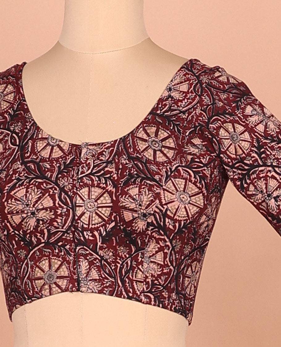 Maroon floral vine printed front and back round neck elbow sleeve cotton readymade blouse