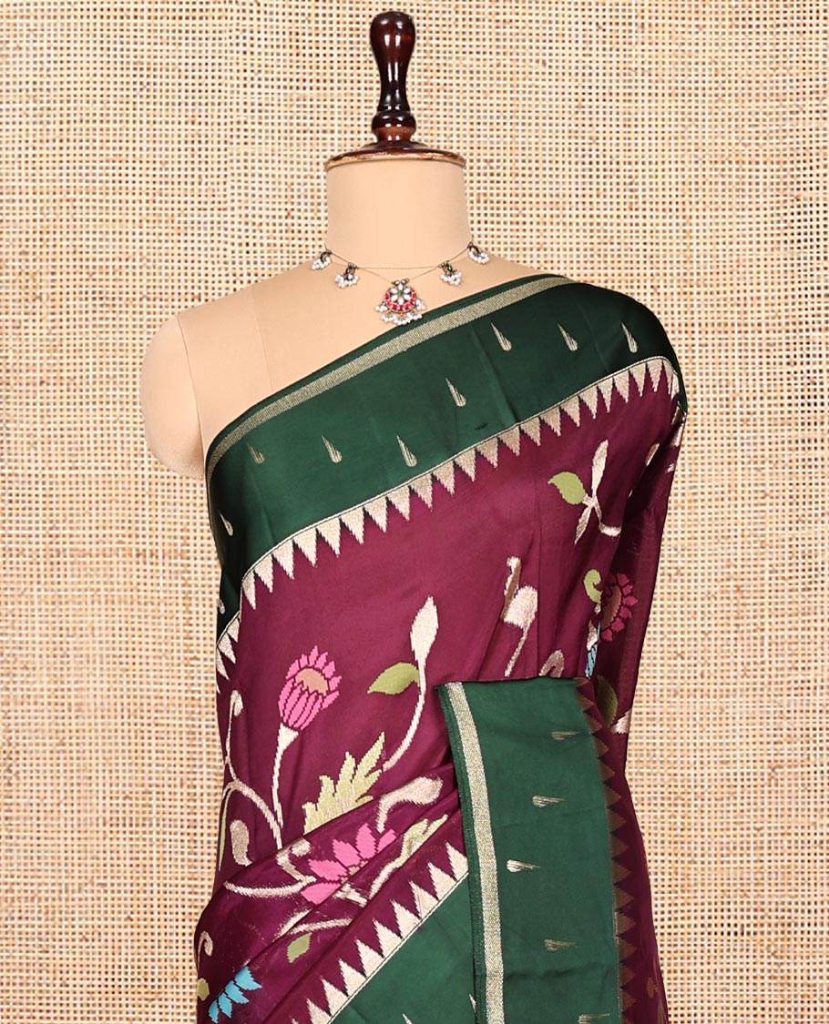 Green Matka Silk Saree, Bedecked with Meenakari Floral Vine All Over Its Body, Complemented by a Contrast Border of Traditional and Muniya Designs, Pallu of Floral Designs, and Paired with Contrast Blouse