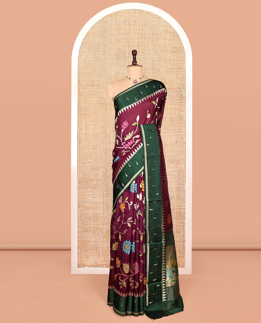 Green Matka Silk Saree, Bedecked with Meenakari Floral Vine All Over Its Body, Complemented by a Contrast Border of Traditional and Muniya Designs, Pallu of Floral Designs, and Paired with Contrast Blouse